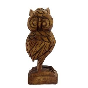 Rustic Wood Hand Carved Owl Figurine 7.5 In St Maarten Large Eyes Signed